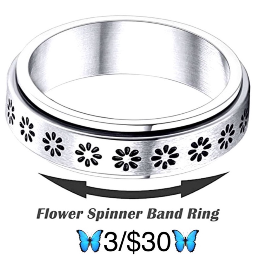Stainless Steel Flower Fidget Spinner Ring, Silver Tone & Black, Size 7